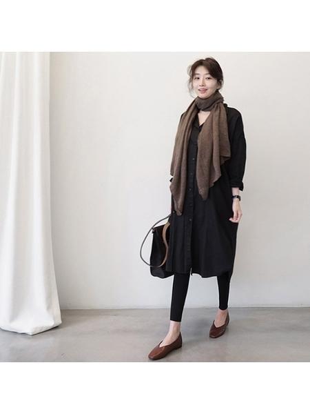 Loose and versatile solid color casual long sleeve shirt women's jacket straight bottoming shirt dress - Black
