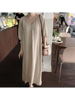 Korean Chic Minimalist Lazy Loose Slim Five-Point Sleeves Upgraded Holiday Style V-Neck Dress - Beige
