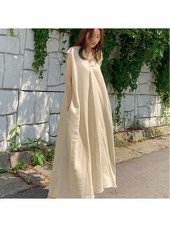 Korean Style Simple Loose Slim Dress V-Neck Dress with Pockets on Both Sides - Beige