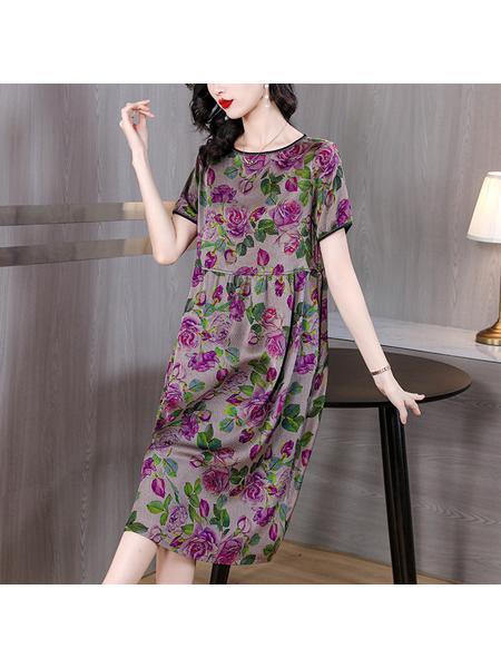 Elegant Figure Flattering Dress Summer 2025 New Silk Dress Women's Fashion Printed Mulberry Silk - Gray Floral
