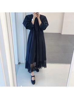 Korean Style Lace Stitching Retro Temperament High Waist Slim Puff Sleeves Mid-Length Dress for Women - Black