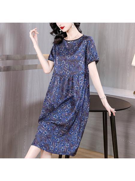 Xiangyun Yarn Mulberry Silk Dress Female 2025 Summer New Pearl Satin Plus Size Silk Dress - Blue Floral