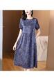 Xiangyun Yarn Mulberry Silk Dress Female 2025 Summer New Pearl Satin Plus Size Silk Dress - Blue Floral