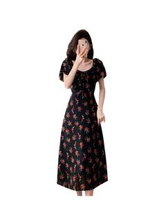 Black Real Shot of the New 2025 Summer French Retro Floral Dress with a Romantic Print Design and Knee-Length Skirt