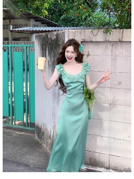 Mint Toffee Custom Dyed Satin Polka Dot Multi-Layer Lace Stringy Selvedge Waist Dress