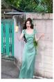 Mint Toffee Custom Dyed Satin Polka Dot Multi-Layer Lace Stringy Selvedge Waist Dress