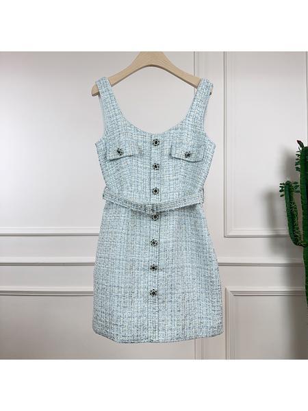 2025 Spring and Summer New Style Small Chanel Plaid Tweed Dress Slim Small Stylish Light Luxury Skirt Light Blue