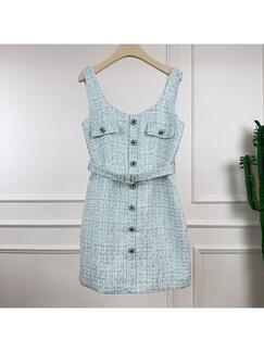 2025 Spring and Summer New Style Small Chanel Plaid Tweed Dress Slim Small Stylish Light Luxury Skirt Light Blue