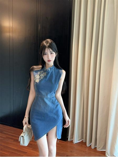 Real Shot Cost-Effective Improved Cheongsam Summer High Cold Adult Lady like Woman Style Design Sense Cinched Sleeveless Denim Dress Blue