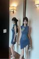Real Shot Cost-Effective Improved Cheongsam Summer High Cold Adult Lady like Woman Style Design Sense Cinched Sleeveless Denim Dress Blue