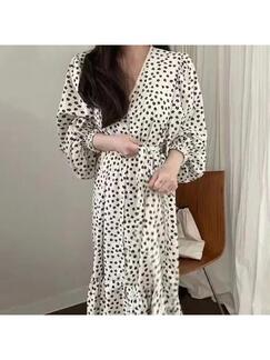 Korean Chic Autumn French Lace V-Neck Full-Screen Floral Design Tie Waist Puff Sleeve Dress White