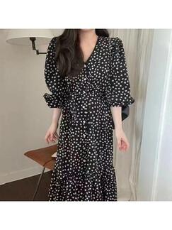Korean Chic Autumn French Lace V-Neck Full-Screen Floral Design Tie Waist Puff Sleeve Dress Black