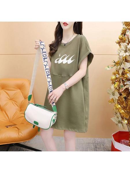 Official Picture Pure Cotton 21 Count 200g 2025 Summer Casual T-Shirt Dress Female Round Neck Waist Loose Dress in Olive Green