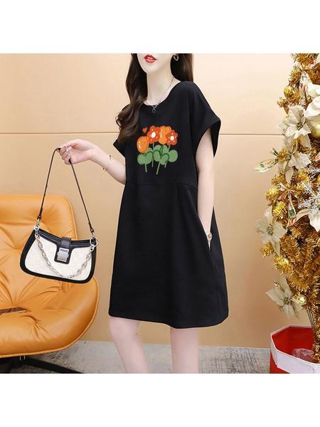 Official Picture Pure Cotton 21 Count 200g 2025 Summer Casual T-Shirt Dress Female Round Neck Waist Loose Dress in Black