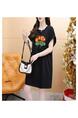 Official Picture Pure Cotton 21 Count 200g 2025 Summer Casual T-Shirt Dress Female Round Neck Waist Loose Dress in Black