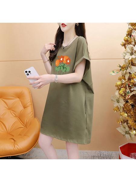 Official Picture Pure Cotton 21 Count 200g 2025 Summer Casual T-Shirt Dress Female Round Neck Waist Loose Dress in Olive Green