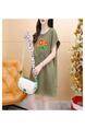 Official Picture Pure Cotton 21 Count 200g 2025 Summer Casual T-Shirt Dress Female Round Neck Waist Loose Dress in Olive Green