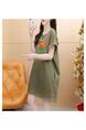 Official Picture Pure Cotton 21 Count 200g 2025 Summer Casual T-Shirt Dress Female Round Neck Waist Loose Dress in Olive Green