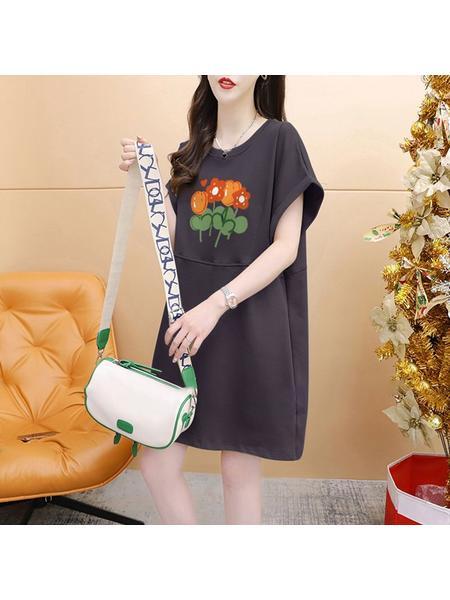 Official Picture Pure Cotton 21 Count 200g 2025 Summer Casual T-Shirt Dress Female Round Neck Waist Loose Dress in Dark Gray