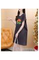 Official Picture Pure Cotton 21 Count 200g 2025 Summer Casual T-Shirt Dress Female Round Neck Waist Loose Dress in Dark Gray