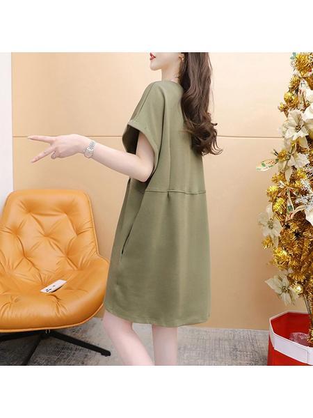 Official Picture Pure Cotton 21 Count 200g 2025 Summer Casual T-Shirt Dress Female Round Neck Waist Loose Dress in Olive Green