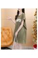 Official Picture Pure Cotton 21 Count 200g 2025 Summer Casual T-Shirt Dress Female Round Neck Waist Loose Dress in Olive Green