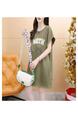 Official Picture Pure Cotton 21 Count 200g 2025 Summer Casual T-Shirt Dress Female Round Neck Waist Loose Dress in Olive Green