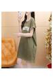 Official Picture Pure Cotton 21 Count 200g 2025 Summer Casual T-Shirt Dress Female Round Neck Waist Loose Dress in Olive Green