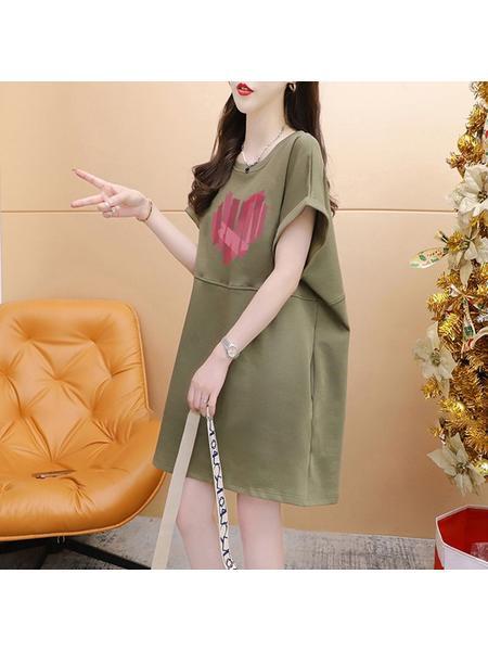 Official Picture Pure Cotton 21 Count 200g 2025 Summer Casual T-Shirt Dress Female Round Neck Waist Loose Dress in Olive Green