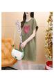 Official Picture Pure Cotton 21 Count 200g 2025 Summer Casual T-Shirt Dress Female Round Neck Waist Loose Dress in Olive Green