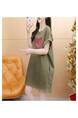 Official Picture Pure Cotton 21 Count 200g 2025 Summer Casual T-Shirt Dress Female Round Neck Waist Loose Dress in Olive Green