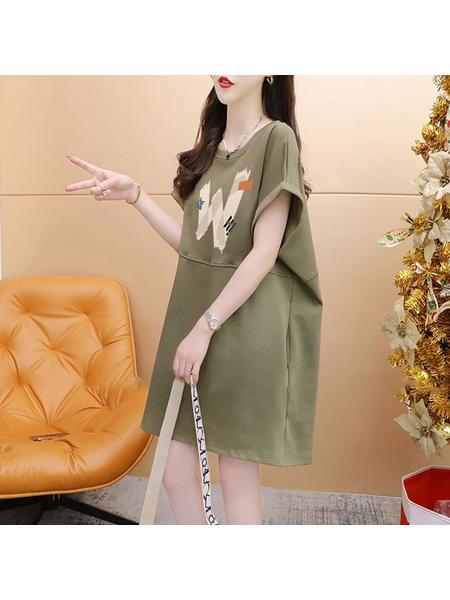 Official Picture Pure Cotton 21 Count 200g 2025 Summer Casual T-Shirt Dress Female Round Neck Waist Loose Dress in Olive Green