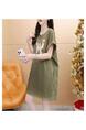 Official Picture Pure Cotton 21 Count 200g 2025 Summer Casual T-Shirt Dress Female Round Neck Waist Loose Dress in Olive Green
