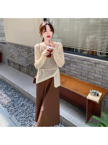 Irregular Mesh Woven Hollow out Tied Knitwear Women's Early Spring Korean Style Atmosphere Wear Loose Two-Piece Set in Cream and Brown