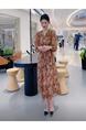 Douyin Popular Floral Long Dress Female 2025 Summer New Short-Sleeved Printed Fashion Slim Strappy Long Dress in Brown and Cream