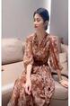 Douyin Popular Floral Long Dress Female 2025 Summer New Short-Sleeved Printed Fashion Slim Strappy Long Dress in Brown and Cream