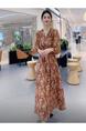 Douyin Popular Floral Long Dress Female 2025 Summer New Short-Sleeved Printed Fashion Slim Strappy Long Dress in Brown and Cream