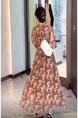 Douyin Popular Floral Long Dress Female 2025 Summer New Short-Sleeved Printed Fashion Slim Strappy Long Dress in Brown and Cream