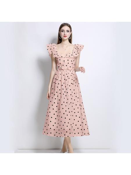 New Spot French Temperament Polka Dot Short-Sleeved Dress Female Summer New Style High-End Chic Beautiful Long Skirt in Pink with Black Dots