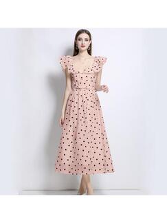 New Spot French Temperament Polka Dot Short-Sleeved Dress Female Summer New Style High-End Chic Beautiful Long Skirt in Pink with Black Dots