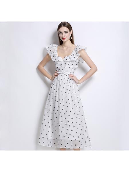 New Spot French Temperament Polka Dot Short-Sleeved Dress Female Summer New Style High-End Chic Beautiful Long Skirt in White with Black Dots