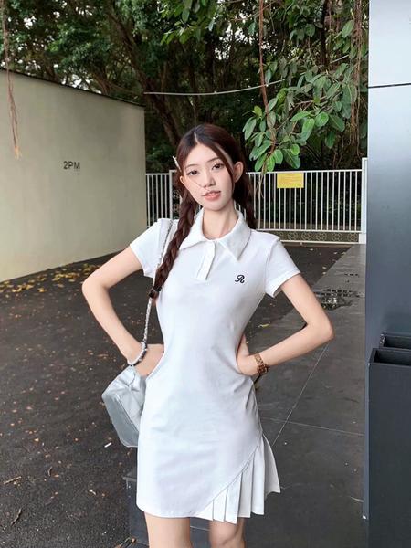 Real Shot Cost-Effective Preppy Style Polo Dress Women's Summer New Waist Slimming Temperament Leisure A-line Dress Long Skirt in White