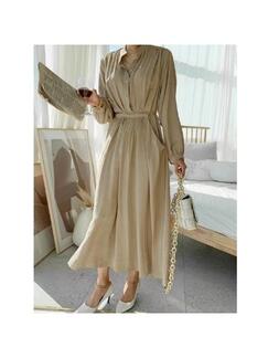 Solid Color Stand-Up Collar Korean Style Tie-Up Temperament Waist Dress with Pockets on Both Sides and Belt in Beige
