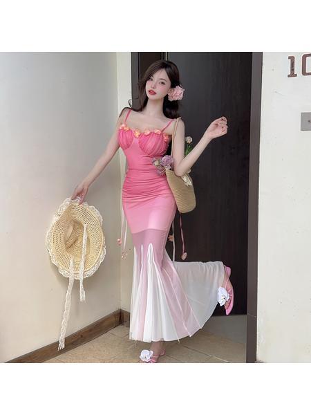 Real Shot of Pure Sexy Mesh Gradient Pink to White Suspender Dress Female Summer New Waist Temperament Hip Fishtail Long Skirt
