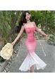 Real Shot of Pure Sexy Mesh Gradient Pink to White Suspender Dress Female Summer New Waist Temperament Hip Fishtail Long Skirt