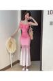 Real Shot of Pure Sexy Mesh Gradient Pink to White Suspender Dress Female Summer New Waist Temperament Hip Fishtail Long Skirt