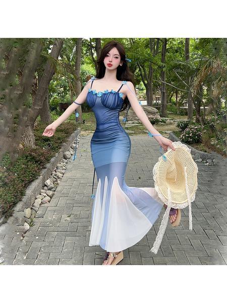 Real Shot of Pure Sexy Mesh Gradient Blue to White Suspender Dress Female Summer New Waist Temperament Hip Fishtail Long Skirt
