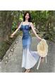 Real Shot of Pure Sexy Mesh Gradient Blue to White Suspender Dress Female Summer New Waist Temperament Hip Fishtail Long Skirt