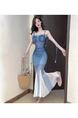 Real Shot of Pure Sexy Mesh Gradient Blue to White Suspender Dress Female Summer New Waist Temperament Hip Fishtail Long Skirt