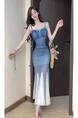 Real Shot of Pure Sexy Mesh Gradient Blue to White Suspender Dress Female Summer New Waist Temperament Hip Fishtail Long Skirt